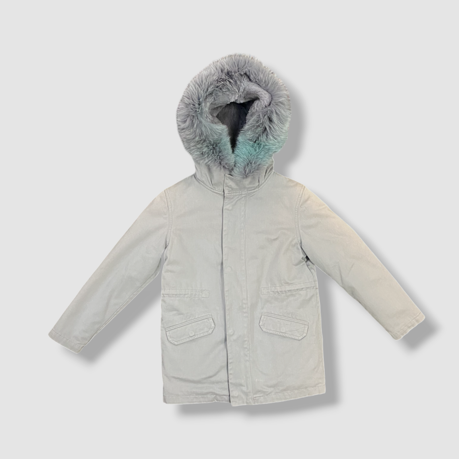 Yves Salomon giacca denim donna grigia con cappuccio pelliccia taglia 8