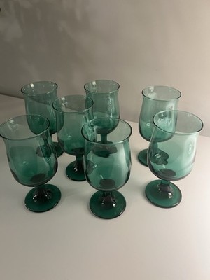 Vintage Set Of 7 Libbey Tulip Juniper Green Stemmed Water Goblets.