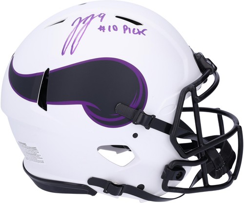 JJ McCarthy Minnesota Vikings Autographed Lunar Authentic Helmet w/#10 Pick Insc