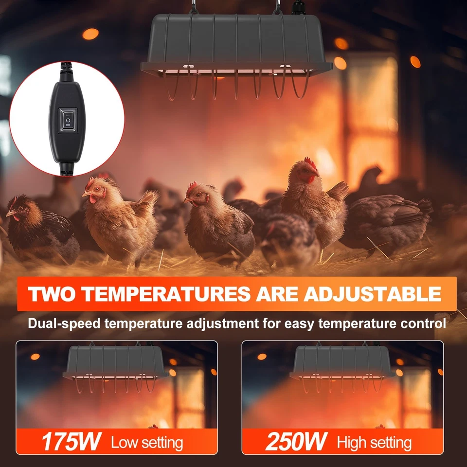 2 Set 250W Chicken Coop Heat Lamp Carbon Fiber Brooder Heater for Pets Livestock - Image 4 of 4