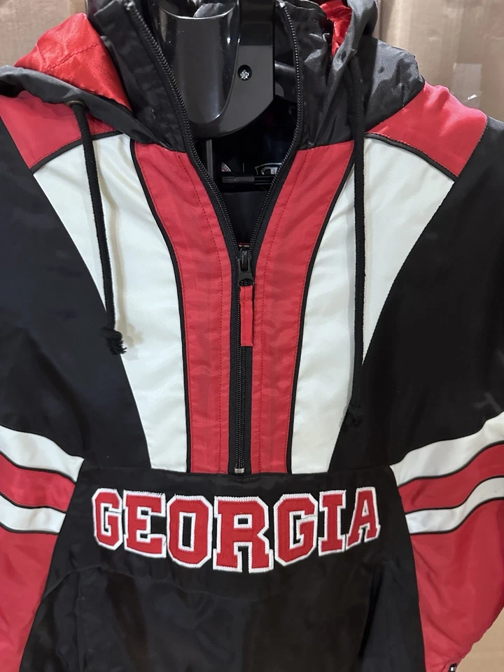Vintage 90s NCAA RR Designs UGA Bulldogs Pull Over 1/2 Zip Hooded Jacket Sz L 🔥 - Image 3 of 4