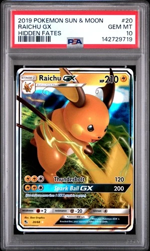 2019 POKEMON SUN & MOON HIDDEN FATES #20 RAICHU GX PSA 10