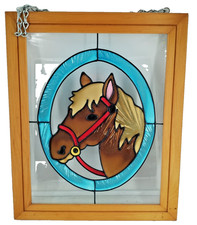 Vtg Stained Glass Horse Pony Sun Catcher In Rustic Wood Frame 16.5" X 13" B2
