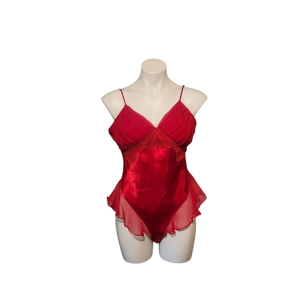 Bodysuit de pelúcia Victoria's Secret Gold Label vintage vermelho cetim e chiffon médio  - Imagem 3 de 4