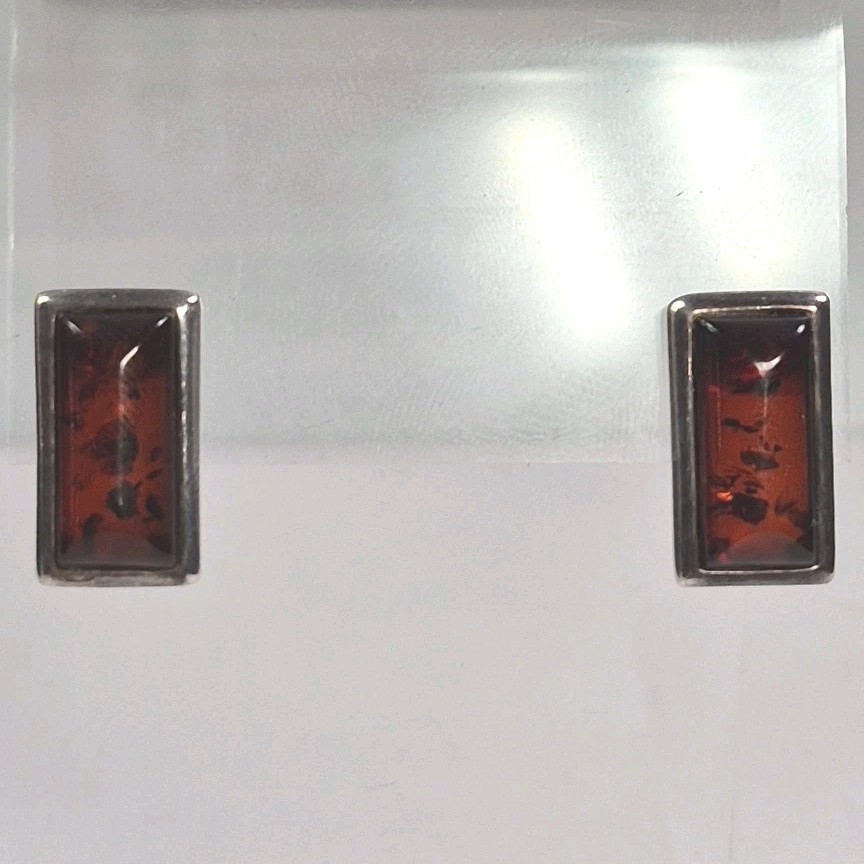 Modern Sterling Silver 925 Rectangular Amber Post… - image 1