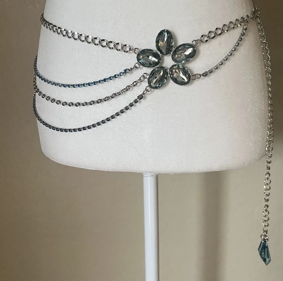 Винтажный синий со стразами цветок цепочка ссылка ремень мульти прядь серебристого тона фестиваль - Изображение 2 из 4