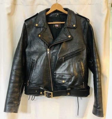 VANSON Leathers Motorcycle Jacket Black Mens 46 Belted Biker Riding Coat Lined