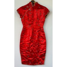 Red Cheongsam Qipao Floral Brocade Dress Womens Small Red Excellent