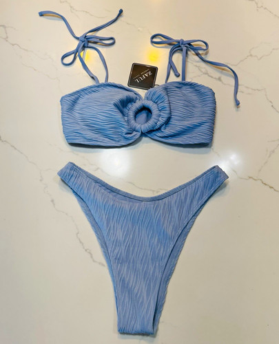 Zaful Blue Ribbed Ring Bandeau Halter Tie Bikini 2-Piece Swimsuit Size M