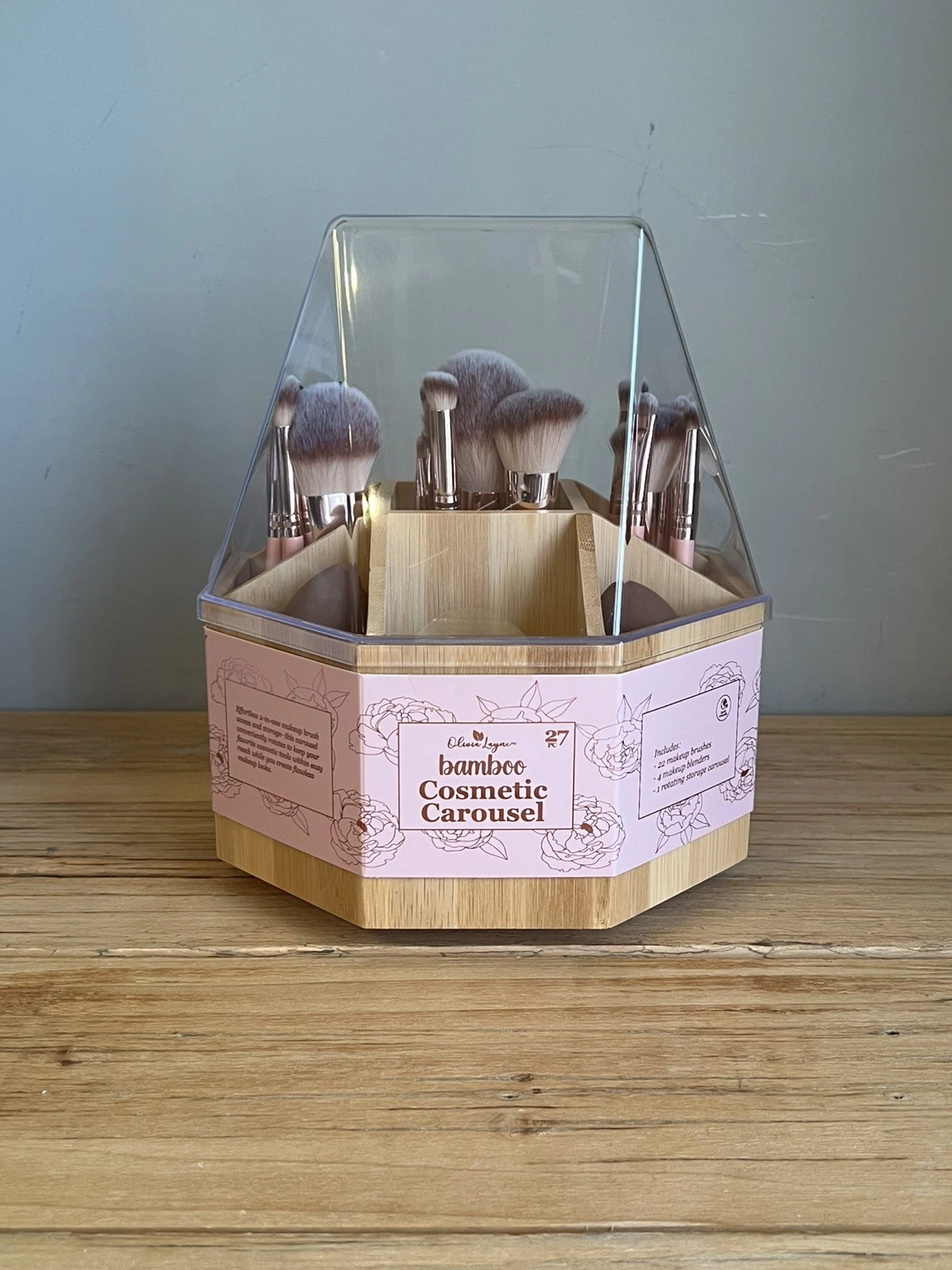 Bamboo Makeup Brushes And Sponges Set With Rotating Base Organizer New In Box