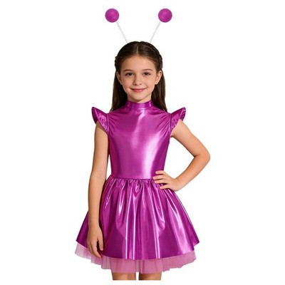 Mädchen Alien-Kostüm Halloween Kleider Leistung 2 Stück Glänzend Zerzaust Tutu