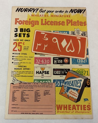 1953 Wheaties FOREIGN LICENSE PLATES ad page ~ Iran, Alaska, Turkey, Yukon...