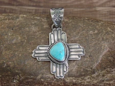 Native American Cast Sterling Silver & Turquoise Zia Pendant Signed Billah