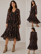 Christy Dawn Womens Paloma Dress Size XS Black Floral Midi Silk Pullover