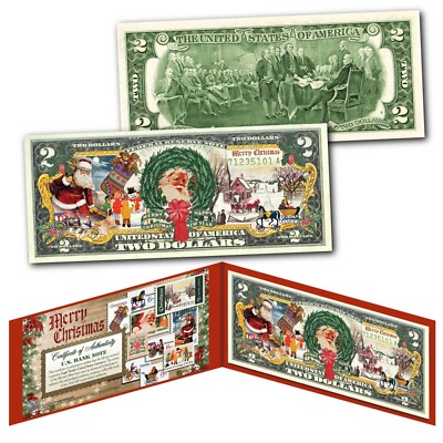 MERRY CHRISTMAS Postage Stamp Themed Holiday Legal Tender US $2 