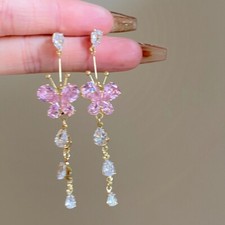 Luxury Sweet Premium Pink Cubic Zirconia Butterfly Tassel Lady Stud Earrings AD