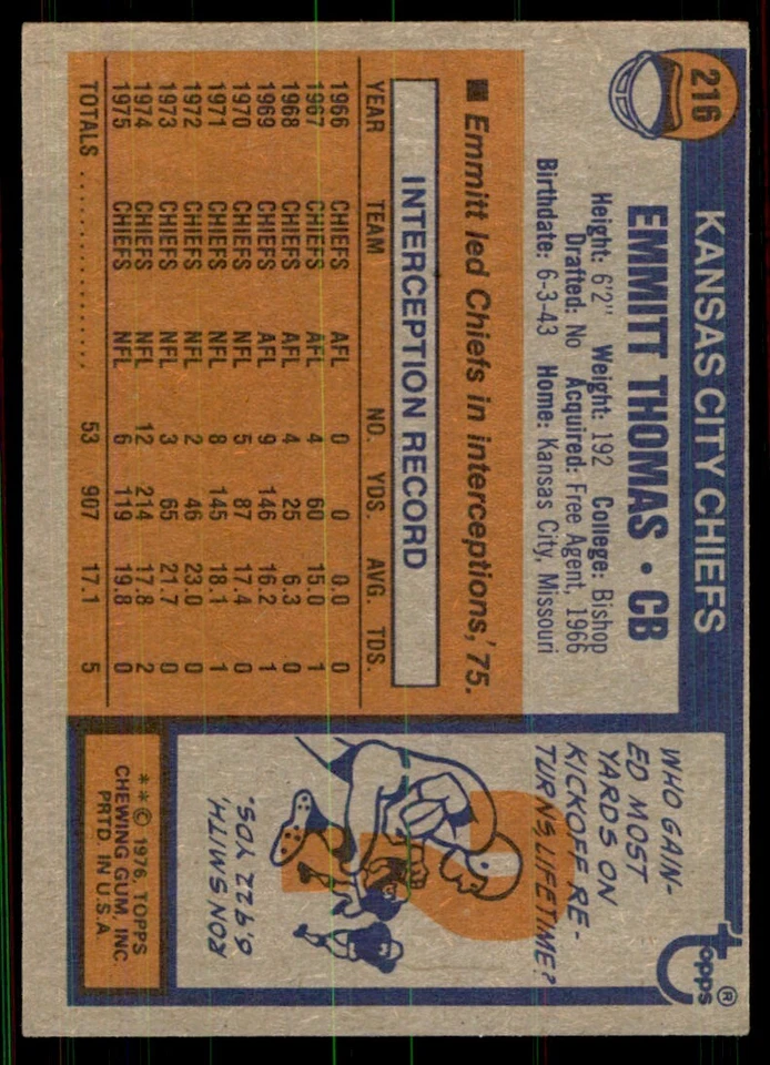 1976 Topps Emmitt Thomas . Kansas City Chiefs #216 - Image 2 of 2