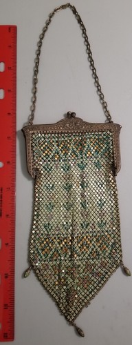 Antique Mesh Metal Edwardian Era Purse - Enameled Surface Design - Pretty!