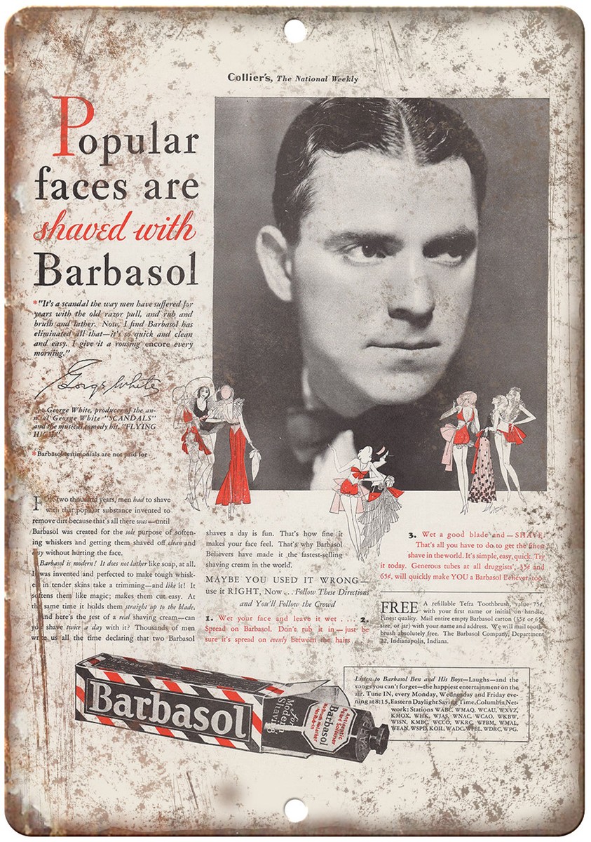 Barbasol George White Shaving Cream Ad 12&quot; x 9&quot; Reproduction Metal 