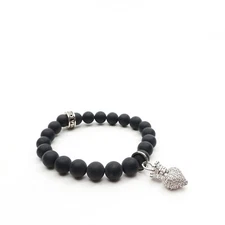 King Baby Studio Black Onyx Bead Small CZ Pave Crown Heart Silver .925 Size 6.5