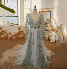 V-neck Long Sleeve A-line Wedding Dresses Sweet Flower Vestidos De Noche Boho