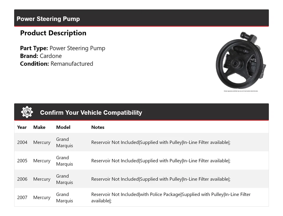 Bomba de dirección asistida Cardone 2005 2006 para Mercury Grand Marquis 2004-2007 Foto 2 de 4