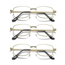 3 Pair Mens Square Metal Frame Golden Reading Glasses Classic Readers Eyeglasses