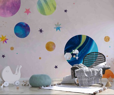 3D Planet Star Space Watercolor Self-adhesive Removable Wallpaper Murals 5