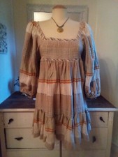 Free People Open Back Cozy Striped Balloon Sleeve Tiered Boho Mini Dress Sz S