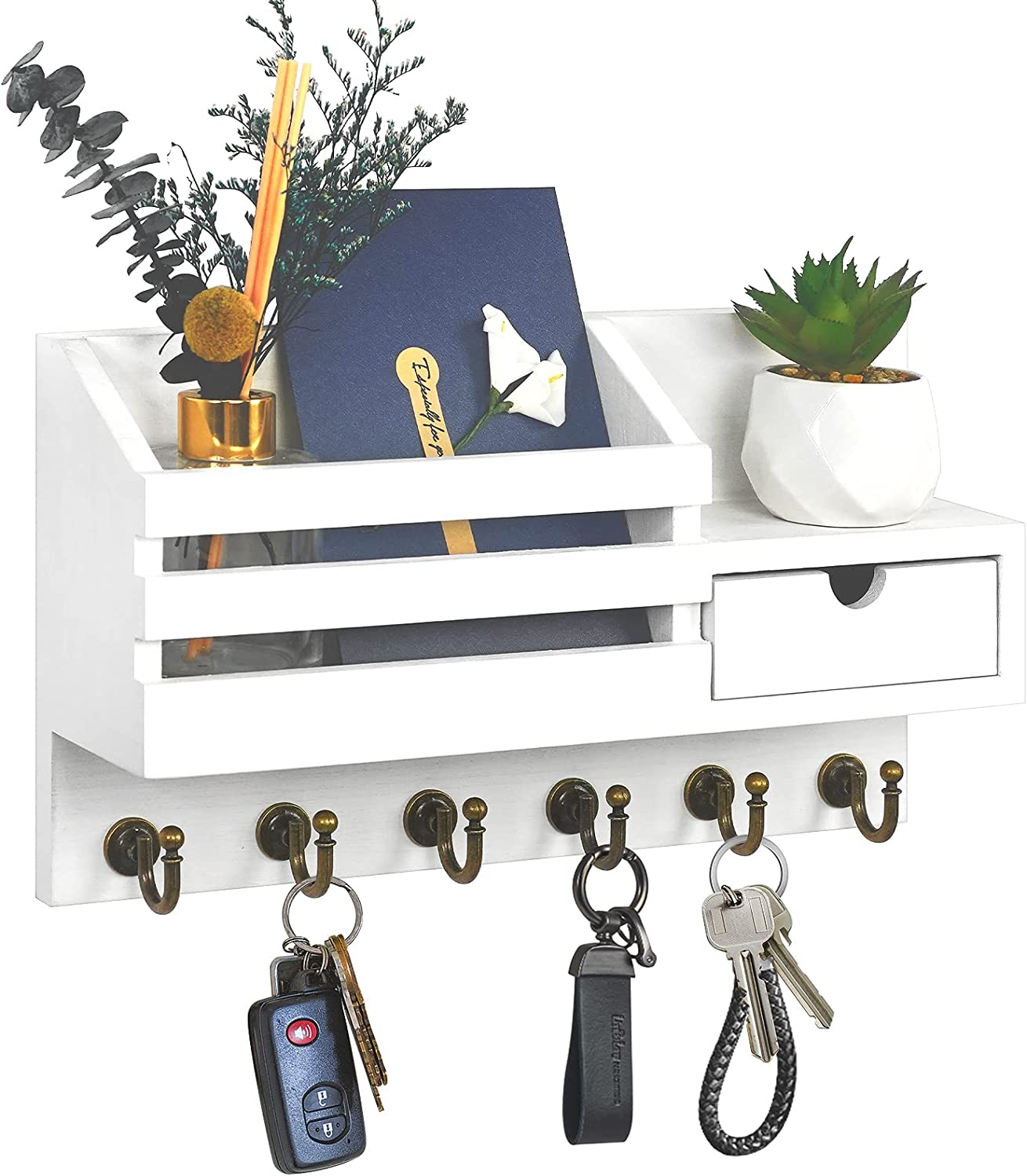 Wall-Mounted Key & Mail Organizer with 6 Hooks and Storage Compartment