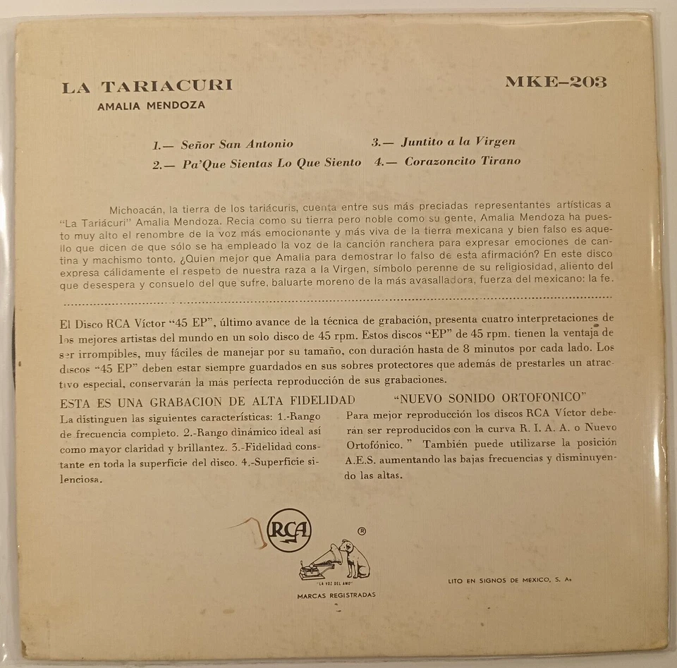 AMALIA MENDOZA & MARIACHI VARGAS DE TECALITLAN -SEÑOR SAN ANTONIO- MEX 7" EP PS - Image 2 of 4