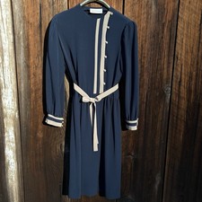 Albert Nipon Vintage Silk Navy Blue w/ Cream Trim & Belt Career Dress Size 10