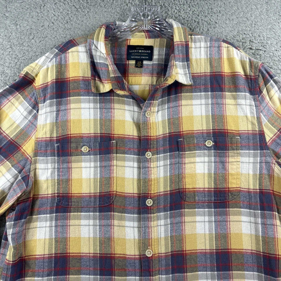 Lucky Brand Shirt Mens Large Madras Plaid Flannel Saturday Stretch Cabin Rugged - Image 2 of 4