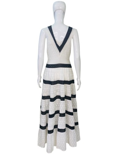 Doen Femme Floral Brodé Différencié Ruche Blanc Coupe Clepsydre Long Robe XS - Photo 9 sur 15