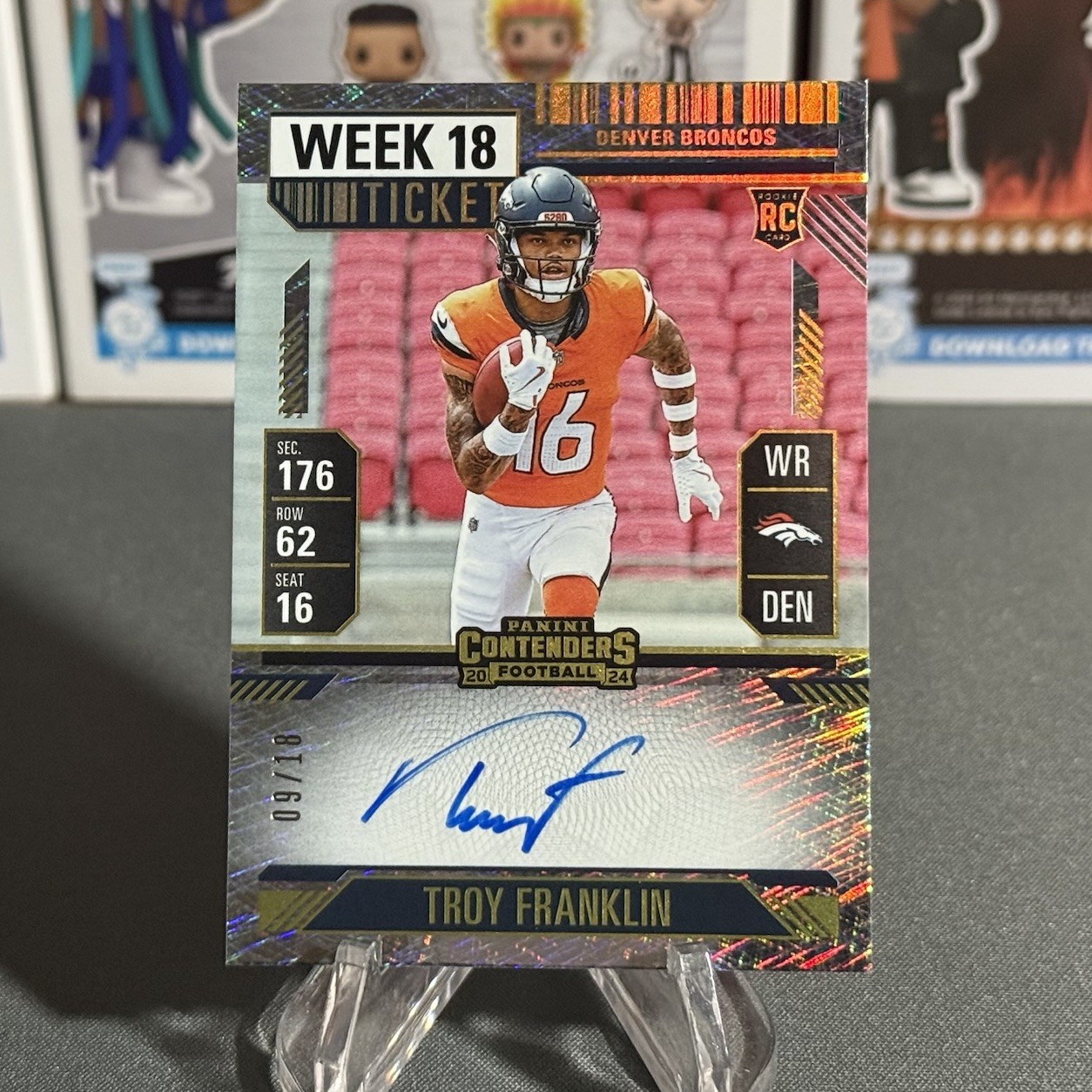 2024 Panini Contenders Troy Franklin Auto Week 18 Ticket /18 SSP #113 Broncos RC