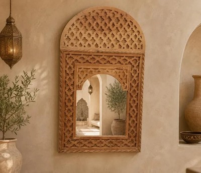 Handmade Carved Cedar Wood Arch Wall Mirror Bathroom Entryway Decor