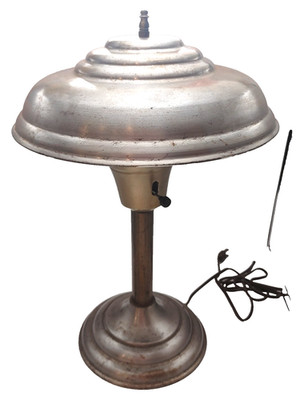 VTG Atomic Table Lamp Flying Saucer Art Deco Desk Metal Silver Bronze Rust Spots