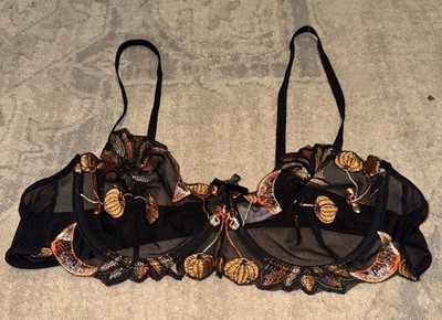 Knotty Knickers Bra Womens Sz XXL 2XL  Black Unlined Underwire Sheer Floral