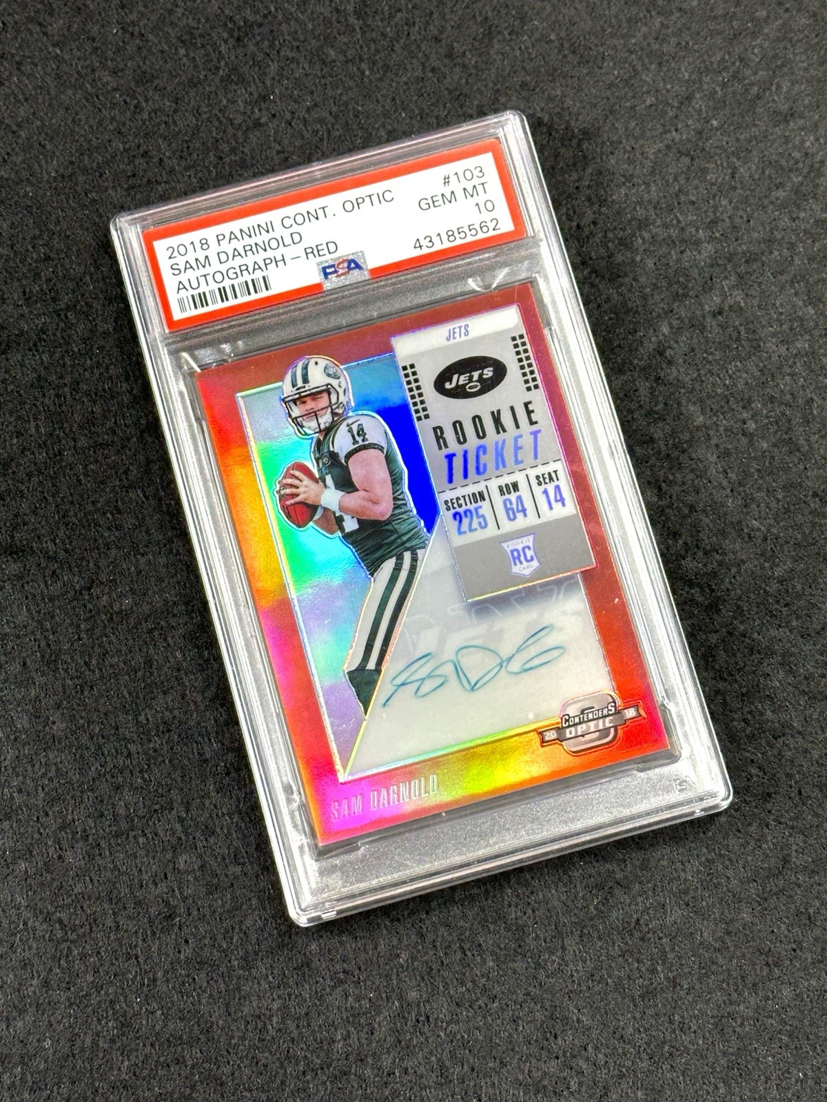 2018 CONT. OPTIC SAM DARNOLD Rookie TKT-RED-ON CARD AUTO RC #/99 PSA 10 - POP 10 view 2