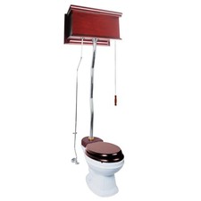 Cherry Wood Flat Panel Overhead High Tank Pull Chain Toilet White Elongated Bowl