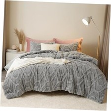 Warm Sherpa Fleece Comforter Set, 3D Tufted Fluffy Bedding for Queen Grey