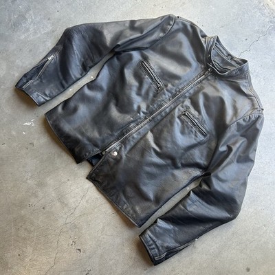 Esprit Men s Black Leather Biker Jacket Full Zip Lined Pockets Stand-Up 46