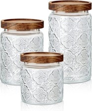 3 Pcs Glass Jars Wood Lids, 17/24/34 Oz Airtight Canisters,Round  Vintage