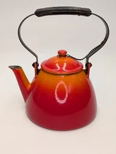 Vtg Descoware Kettle Teapot Flame Orange Enameled Cast Iron Copper MCM
