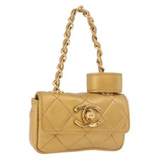 CHANEL Matelasse Chain Pouch Lamb Skin Gold CC Auth bs35703V