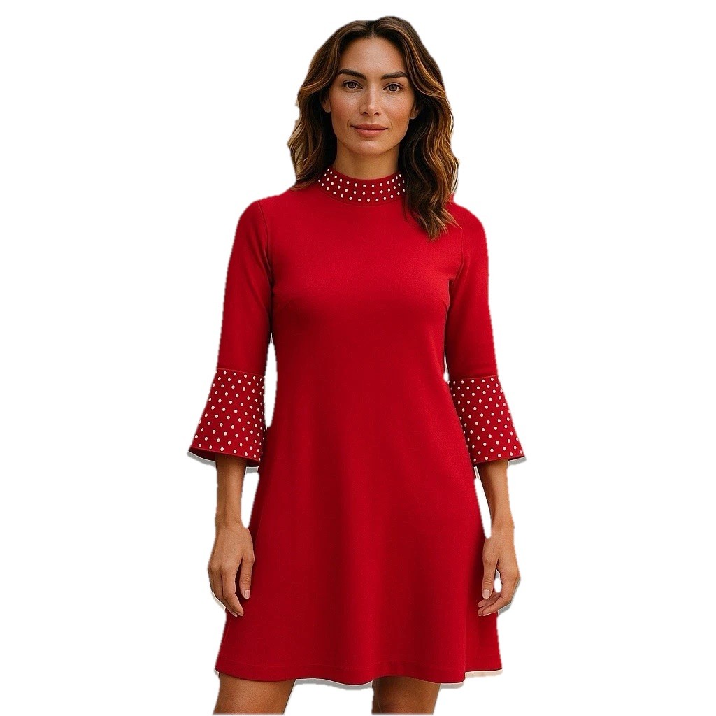 Calvin Klein Women's Red Mock Neck Studded Bell Sleeve Sheath Dress Size Medium