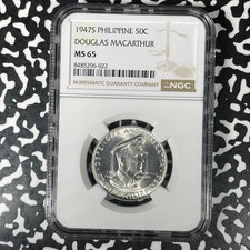 1947-S Philippines MacArthur 50 Centavos NGC MS65 Lot#G1393 Silver! Gem BU!