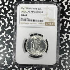 1947-S Philippines MacArthur 50 Centavos NGC MS65 Lot#G1393 Silver! Gem BU!