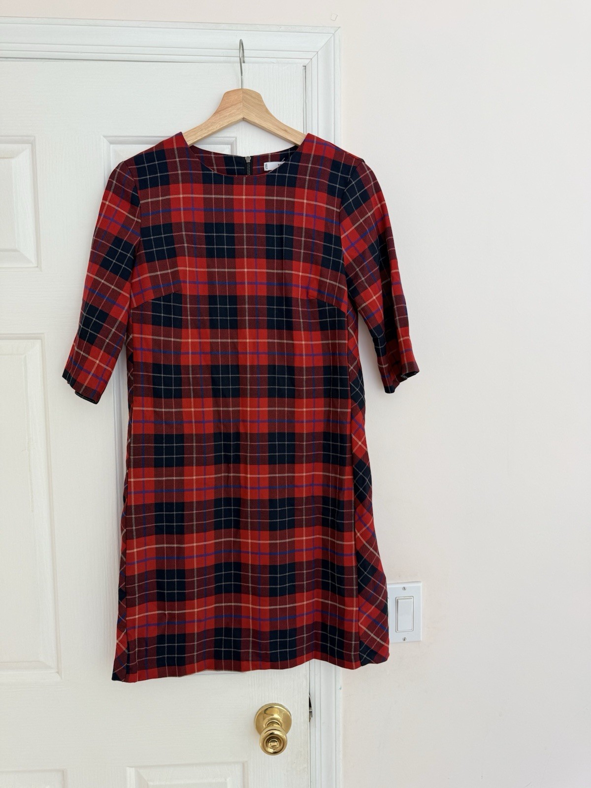 MNG Mango Dress Small Shift Plaid Black Red Academia Scoop Back 3/4 Sleeve