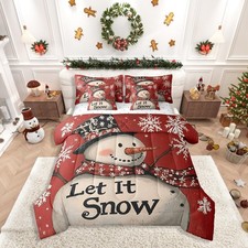 Red Christmas Full Comforter Set - Cute Oil Painting Snowman 7 Pieces Bedding...